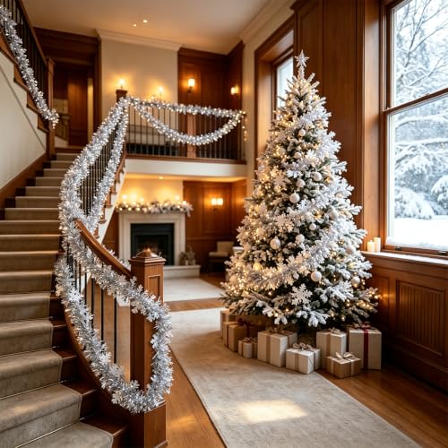 33FT Silver Christmas Tinsel Garland with Snowflakes for Holiday Decor