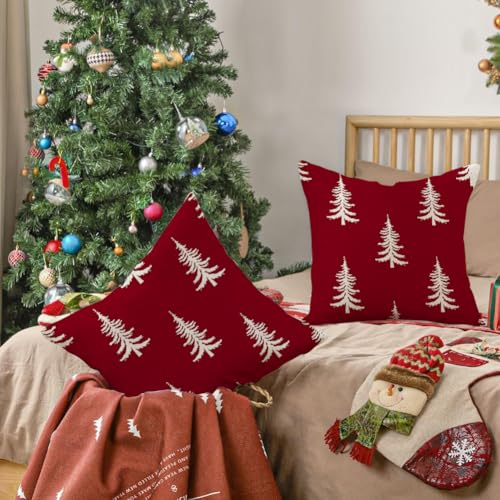 Christmas Pillow Covers 16x16 Inch Set of 2 Waterproof Tree Holiday Decor - Red Variation