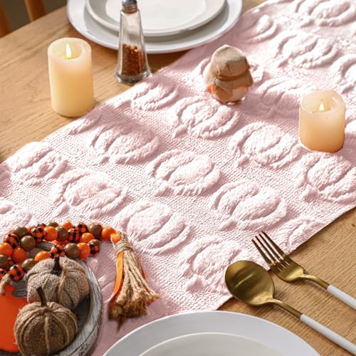 Fall Table Runner 3D Faux Fur Pumpkin & Pink - Seasonal Harvest Decor