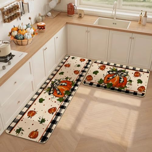 Fall Kitchen Mat Set of 2 - Plaid Pumpkin Non-Slip Rugs for Fall & Halloween Decor