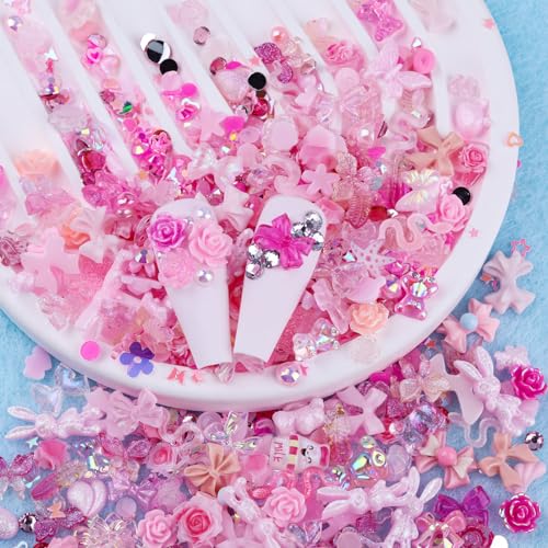 Pink Nail Art Charms Kit - 100pcs Resin Gems & Flatback Rhinestones