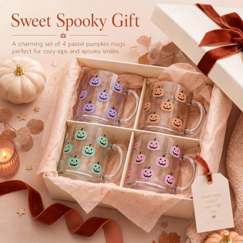 Pastel Halloween Pumpkin Glass Coffee Mugs Set of 4 - 12oz Fall Drinkware
