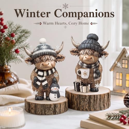 Winter Highland Cow Figurine Set - Resin Farmhouse Decor with Scarf & Hat