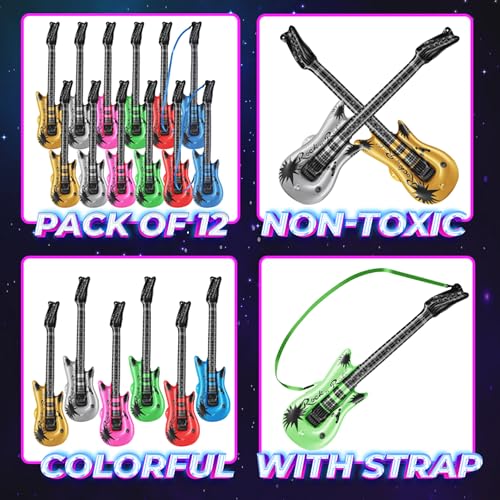 12-Pack 36-Inch Inflatable Guitars Kids Party Favors Neon Colors - Rock Star Party Props