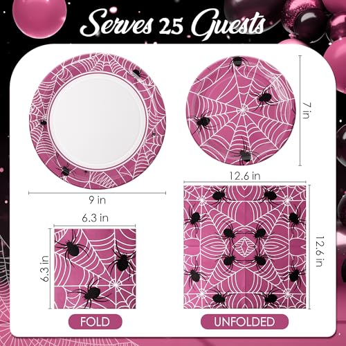 Pink Halloween Party Decorations Set - Spiderweb Plates & Napkins, 75 Pcs - Variation of Pink