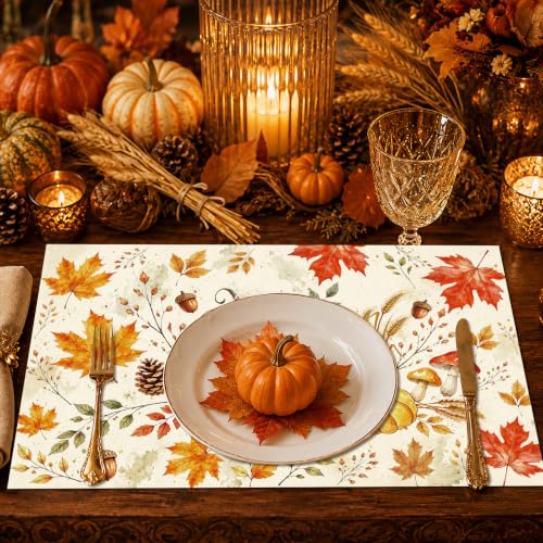 Fall Pumpkin Paper Placemats Set - Thanksgiving Maple Leaves Table Mats - 50 Pack