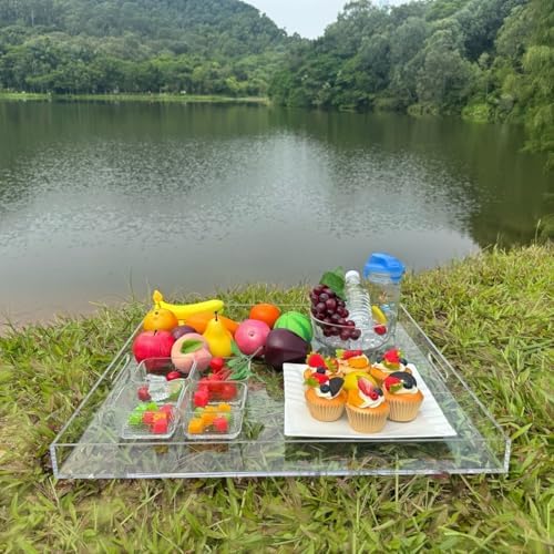 Extra Large Clear Acrylic Ottoman Tray 24x24 Inch with Handles - Over-Sized Serving & Decorative Organizer