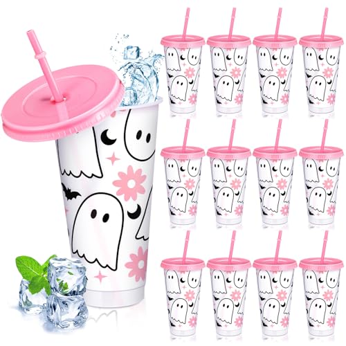 Pink Ghost Halloween Cups with Lids & Straws, 24 oz - 12 Pack - Variation of THIS listing