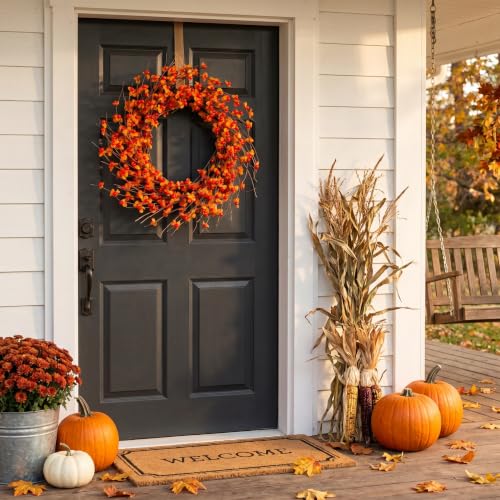 Fall Wreath 22 Inch Autumn Harvest Decor with Berries and Leaves