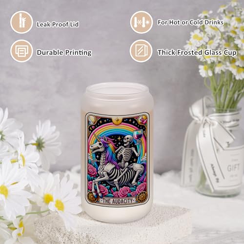 16oz Frosted Glass Coffee Cup with Lid & Straw - Cute Gothic Skeleton Design