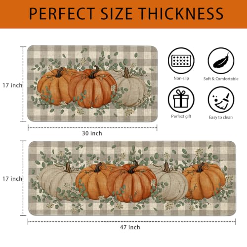 Fall Kitchen Mats Set of 2 - Non Slip Washable Pumpkin Eucalyptus Decor - Yellow Variation