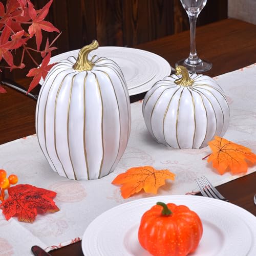 White Fall Pumpkin Decor Set - 2 Resin Pumpkins with Gold Stems for Home