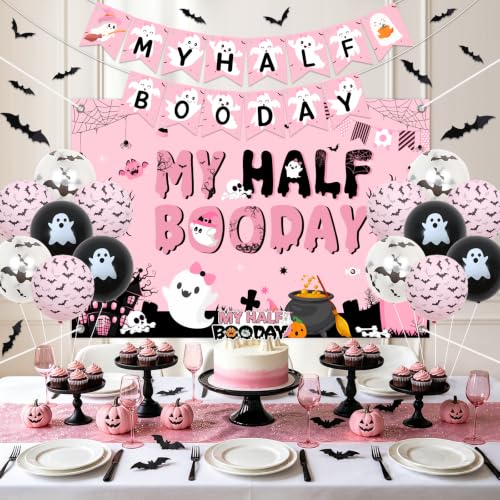 Pink and Black Halloween Half Birthday Decorations Set for Girls | Party Banner, Backdrop, Balloons & Wall Stickers