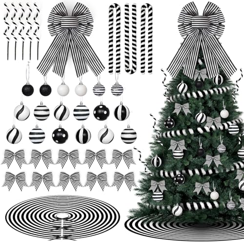 Black & White Christmas Tree Decorations Set - 36 Pcs Holiday Ornaments Kit with Garland & Skirt