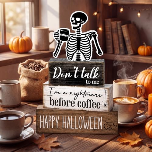 Halloween Skeleton Coffee Bar Decor Set - Wooden Skeleton Tabletop Decor with Nightmare Before Coffee Variant
