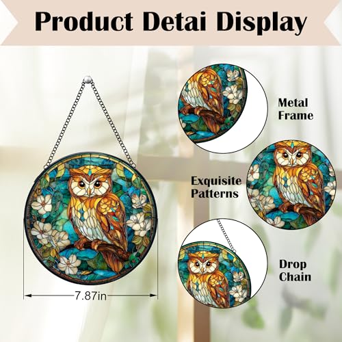 7.9-Inch Stained Glass Owl Sun Catcher with Metal Frame for Windows & Walls - Indoor Decor