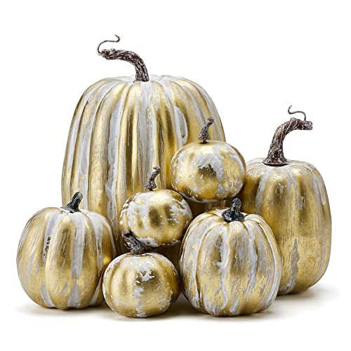 Artificial Pumpkins Decor Set - White Gold, 7 Pieces Fall Halloween Thanksgiving
