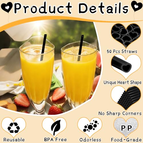 Reusable Black Heart-Shaped Drinking Straws for Parties & Celebrations