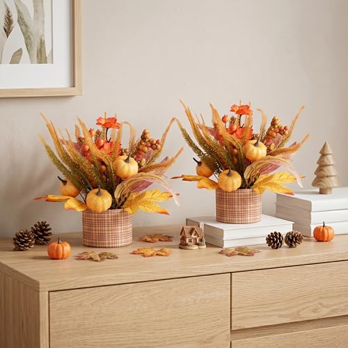 Autumn Thanksgiving Fall Decor Set with Pumpkin Berries Leaves - Orange-A