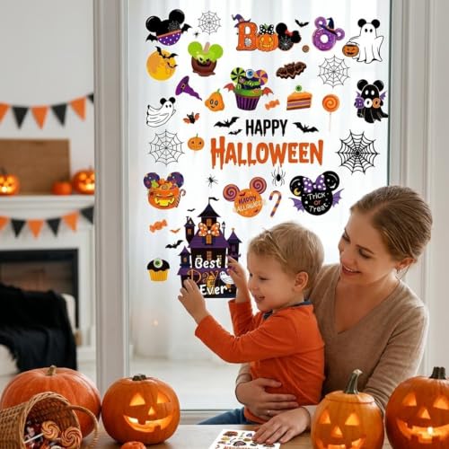 Halloween Mouse Window Clings - Ghost and Pumpkin Decor, 9 Sheets, Reusable Static Clings for Glass Doors & Windows - Halloween Party & Classroom Decorations