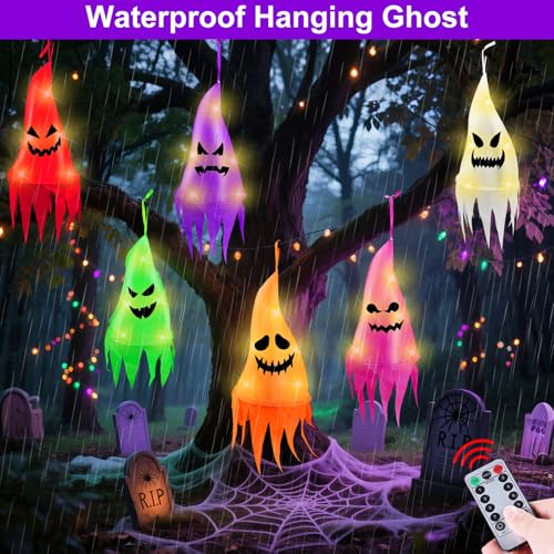 Outdoor Halloween Hanging Ghost Decorations with LED Lights - 6 Pack