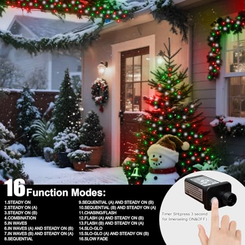 Christmas String Lights 33ft 100 LED Fairy Lights with 16 Modes - Red, Green, White, Waterproof Outdoor Decoration