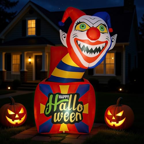 Halloween Inflatable Clown with LED Lights - 5 Ft Blow Up Yard Decoration with Ground Stakes, Indoor & Outdoor Use - Variation: Clown Box