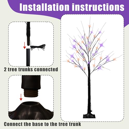 LED Halloween Birch Tree Lights 4FT 96 LEDs Purple & Orange Waterproof Indoor Outdoor Decor