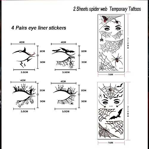 Halloween Eye Shadow Tattoo Stickers with Spider Web Skull Bat Design - 4 Pairs for Face Makeup