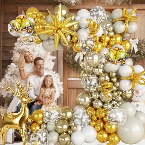 Champagne Gold White Christmas Balloon Arch Kit 121pcs with Deer & Snowflakes