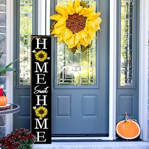 Black Sunflower Welcome Porch Sign for Front Door - Rustic Vertical Farmhouse Decor - 7.8x47.5 Inches