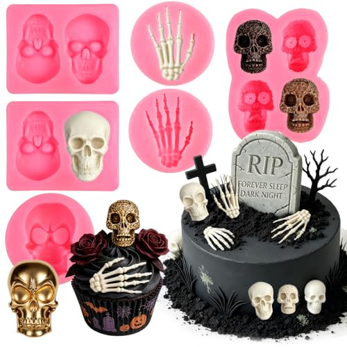 Halloween Skeleton Hand & Skull Cake Mold Set - 6 Pcs Pink Variation