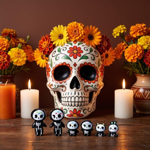 Mini Resin Sugar Skull Figurines Set - Halloween Day of the Dead Decor