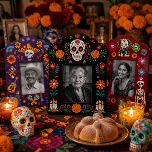36 Pcs Day of the Dead Photo Frame Set - Mini Sugar Skull & Marigold Designs