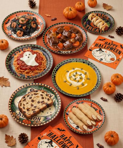 Heavy-duty Halloween Paper Plate & Napkin Set - Black Orange Mix, Round 9in & 7in, Disposable Party Supplies with Spooky Gothic Design