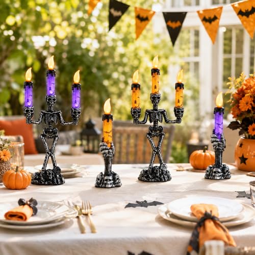 Halloween Skeleton Candelabra LED Candle Holders Set - Skull Decor for Parties