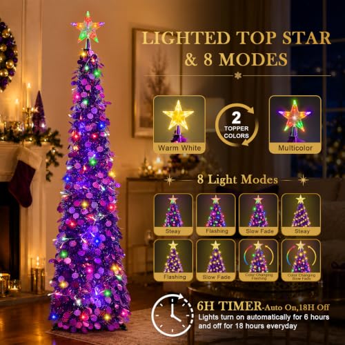 5FT Purple Lighted Christmas Tree with Star Topper - Pop-Up Holiday Decor