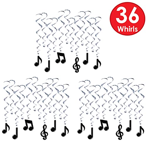 Music Notes Hanging Whirls - 36 Pack Musical Party Decorations - Silver & Cardstock for Events