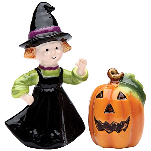 Halloween Pumpkin and Witch Salt and Pepper Set - Ceramic Kitchen Decor