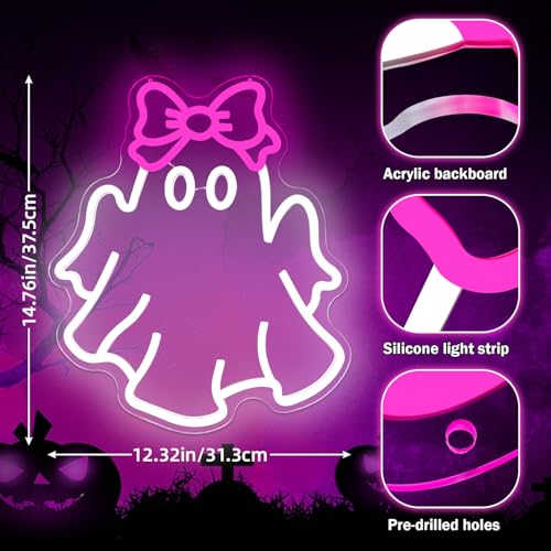 Pink Ghost Neon Sign with Bow - Halloween Wall Decor for Kids' Bedrooms