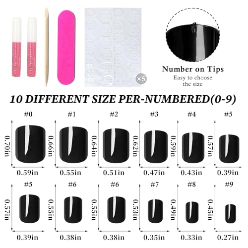 Lifextol Black Short Square Press On Nails Set with Glue & Tabs - 240pcs