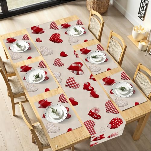 Valentine's Day Table Runner & Placemats Set of 6 - Red Heart Design, Romantic Dining Decor - Variation 148