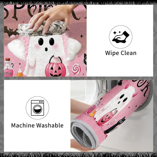 Pink Halloween Ghost Kitchen Rugs Set — 3 Pieces, 16x28 & 16x47 Inches, Ghost & Pumpkin Decor, Seasonal Floor Mat