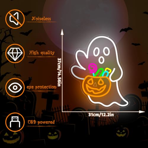Waving Ghost Halloween Neon Sign - Candy Basket Halloween Decor - Dimmable LED Night Light