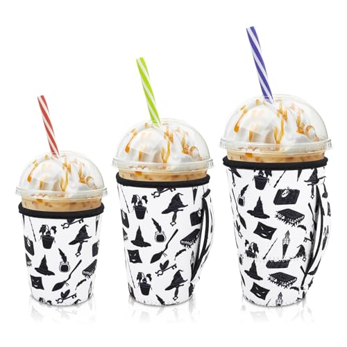 Wizard School Reusable Neoprene Coffee Sleeve Set with Handles - 3 Pack for 16-32oz Cold Drinks