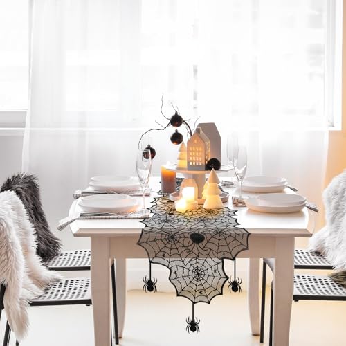 Halloween Table Runner Black Lace Spider Web Decor, 18 x 72 Inches - Spooky Party Tablecloth with Spiders - Windkream