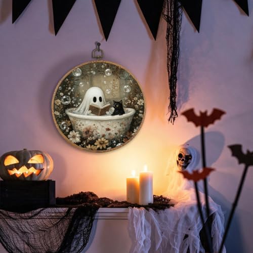 Halloween Bathroom Ghost Cat Wall Art - Round 10x10 Inches, Ghost Cat Halloween Decor - Variation 2