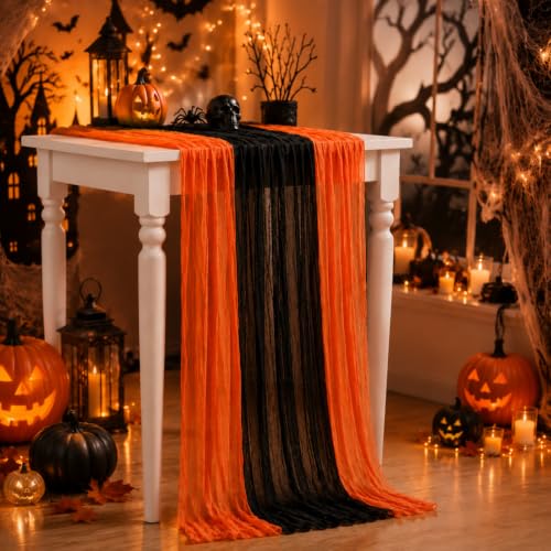 Halloween Cheesecloth Table Runner Set - Black and Orange, 120 x 35 Inch, 3 Pack