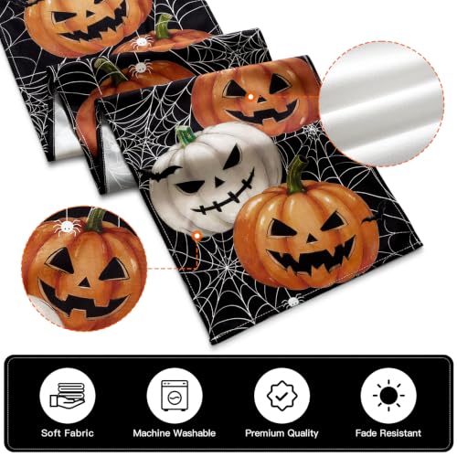 Halloween Jack-O'-Lantern Pumpkin Table Runner - 13x60 Inch Fall Kitchen Decor - Spider Web Bat Design - Artscope