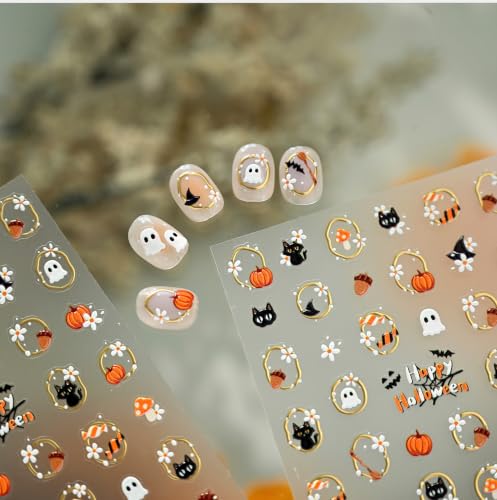 Halloween Pumpkin Nail Art Stickers 5D Embossed Ghost Cats Decals - Halloween Pumpkin Variation
